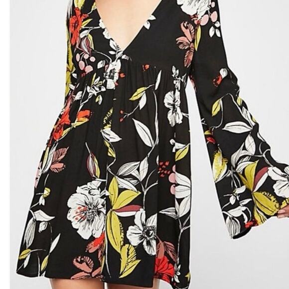 Free people Bella xs Boho blouse mini dress bell long sleeves v neck black flora - Picture 10 of 11